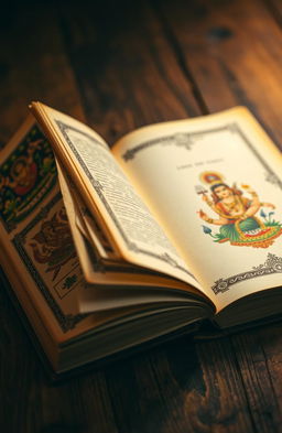 An old Indian vintage book lying open, showcasing traditional Indian depictions on the sides of the pages, adorned with intricate patterns and motifs