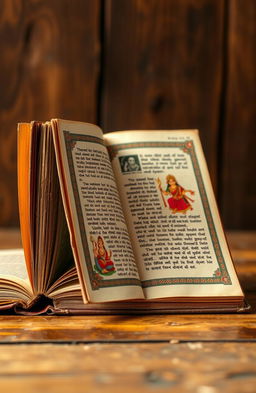 An old Indian vintage book lying open, showcasing traditional Indian depictions on the sides of the pages, adorned with intricate patterns and motifs