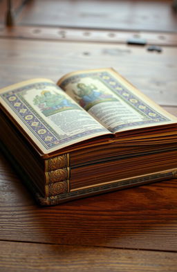 An old Indian vintage book lying open, showcasing traditional Indian depictions on the sides of the pages, adorned with intricate patterns and motifs