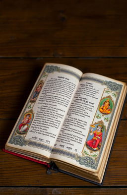 An old Indian vintage book lying open, showcasing traditional Indian depictions on the sides of the pages, adorned with intricate patterns and motifs