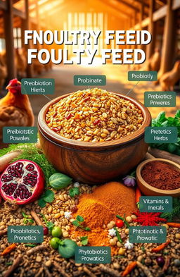 A vibrant and detailed depiction of an enriched poultry feed containing probiotic, prebiotic, and phytobiotic ingredients