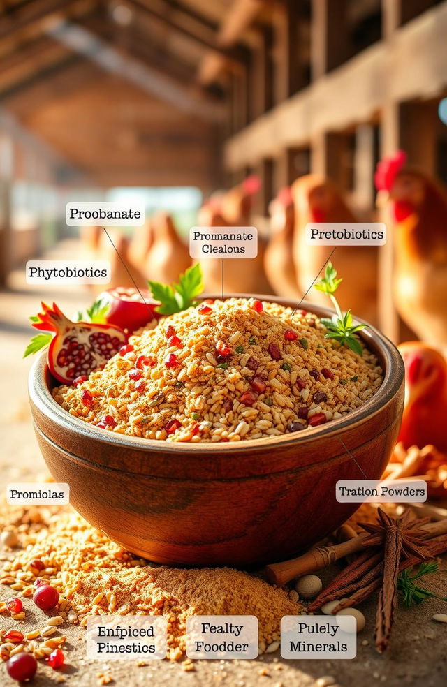 A vibrant and detailed depiction of an enriched poultry feed containing probiotic, prebiotic, and phytobiotic ingredients