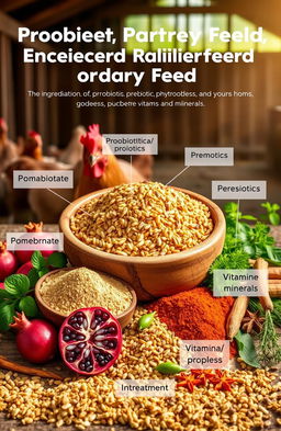 A vibrant and detailed depiction of an enriched poultry feed containing probiotic, prebiotic, and phytobiotic ingredients