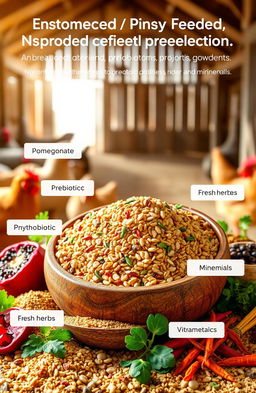 A vibrant and detailed depiction of an enriched poultry feed containing probiotic, prebiotic, and phytobiotic ingredients