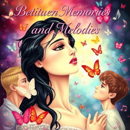 A romantic book cover design featuring a beautiful white widow with striking black hair, caught in a love triangle with two love interests
