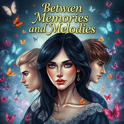 A romantic book cover design featuring a beautiful white widow with striking black hair, caught in a love triangle with two love interests
