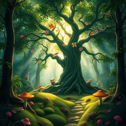 A mystical forest scene featuring a large, enchanting tree at the center, surrounded by lush green foliage