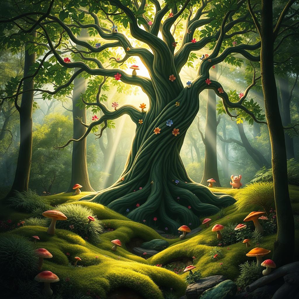 A mystical forest scene featuring a large, enchanting tree at the center, surrounded by lush green foliage