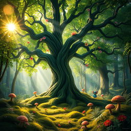 A mystical forest scene featuring a large, enchanting tree at the center, surrounded by lush green foliage
