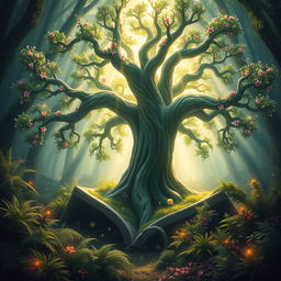 A captivating book cover design showcasing a large, magical tree at the heart of a dense, enchanted forest
