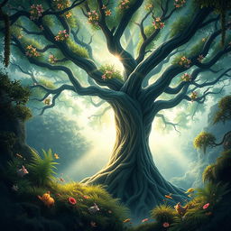 A captivating book cover design showcasing a large, magical tree at the heart of a dense, enchanted forest