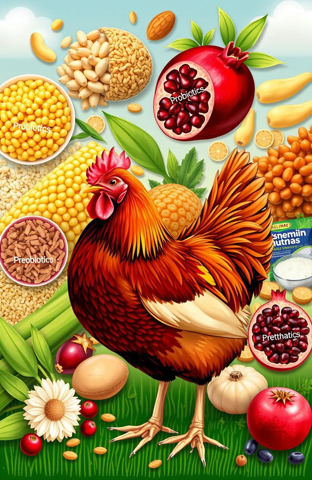 A composite illustration showcasing a variety of poultry feed ingredients, focusing on corn, probiotics, prebiotics, phytobiotics, and the essential nutrients like vitamins and minerals that are beneficial for chickens