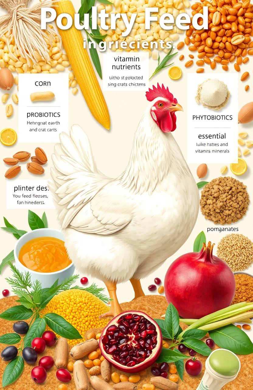 A composite illustration showcasing a variety of poultry feed ingredients, focusing on corn, probiotics, prebiotics, phytobiotics, and the essential nutrients like vitamins and minerals that are beneficial for chickens