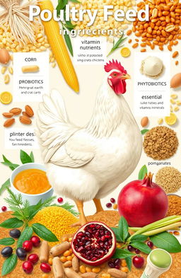 A composite illustration showcasing a variety of poultry feed ingredients, focusing on corn, probiotics, prebiotics, phytobiotics, and the essential nutrients like vitamins and minerals that are beneficial for chickens