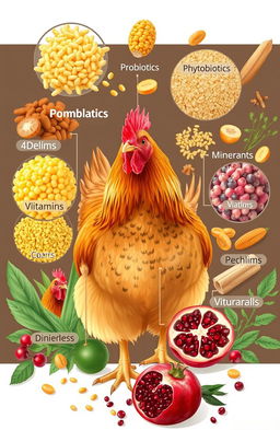 A composite illustration showcasing a variety of poultry feed ingredients, focusing on corn, probiotics, prebiotics, phytobiotics, and the essential nutrients like vitamins and minerals that are beneficial for chickens