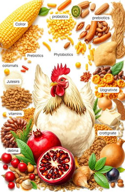A composite illustration showcasing a variety of poultry feed ingredients, focusing on corn, probiotics, prebiotics, phytobiotics, and the essential nutrients like vitamins and minerals that are beneficial for chickens