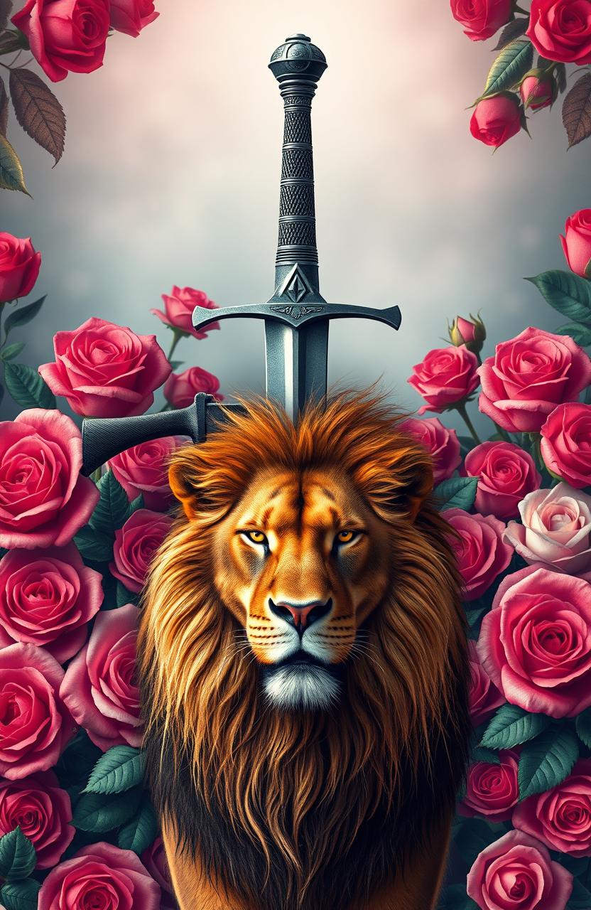 A visually striking book cover design featuring a detailed sword crossed with a modern gun, set against a lush background of vibrant roses in various hues