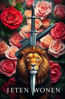 A visually striking book cover design featuring a detailed sword crossed with a modern gun, set against a lush background of vibrant roses in various hues
