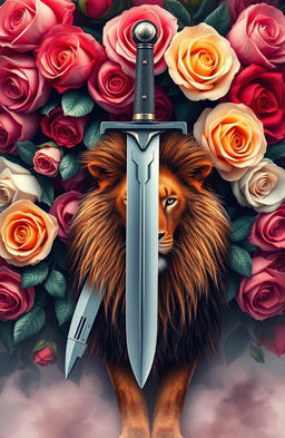 A visually striking book cover design featuring a detailed sword crossed with a modern gun, set against a lush background of vibrant roses in various hues