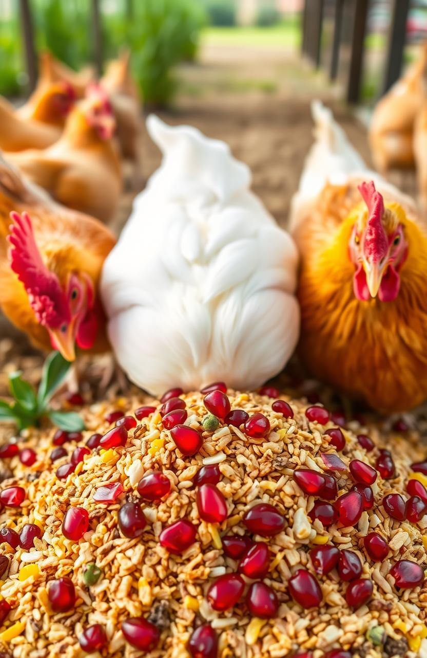 A detailed composition of poultry feed incorporating probiotics, prebiotics, phytobiotics, symbiotics, vitamins, minerals, and enzymes, centering on the benefits of pomegranate