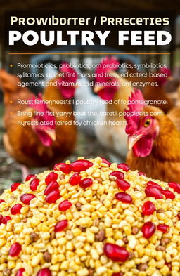A detailed composition of poultry feed incorporating probiotics, prebiotics, phytobiotics, symbiotics, vitamins, minerals, and enzymes, centering on the benefits of pomegranate