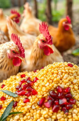 A detailed composition of poultry feed incorporating probiotics, prebiotics, phytobiotics, symbiotics, vitamins, minerals, and enzymes, centering on the benefits of pomegranate