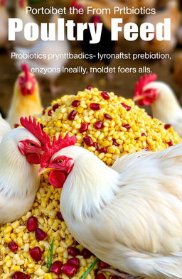 A detailed composition of poultry feed incorporating probiotics, prebiotics, phytobiotics, symbiotics, vitamins, minerals, and enzymes, centering on the benefits of pomegranate