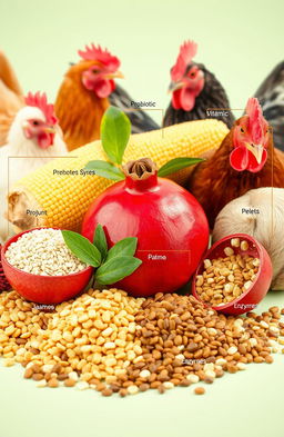 A visually appealing and informative composition of poultry feed ingredients displayed artistically, including corn (jagung), pellets, and additives such as probiotic, prebiotic, phytobiotic, symbiotic components