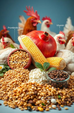 A visually appealing and informative composition of poultry feed ingredients displayed artistically, including corn (jagung), pellets, and additives such as probiotic, prebiotic, phytobiotic, symbiotic components