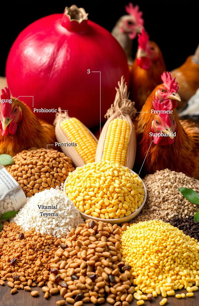 A visually appealing and informative composition of poultry feed ingredients displayed artistically, including corn (jagung), pellets, and additives such as probiotic, prebiotic, phytobiotic, symbiotic components