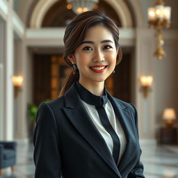 A stunning portrait of a woman resembling Moon Ga Young, dressed in a stylish, tailored business suit