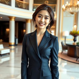 A stunning portrait of a woman resembling Moon Ga Young, dressed in a stylish, tailored business suit