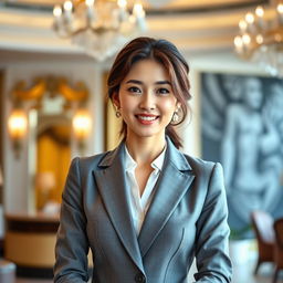 A stunning portrait of a woman resembling Moon Ga Young, dressed in a stylish, tailored business suit