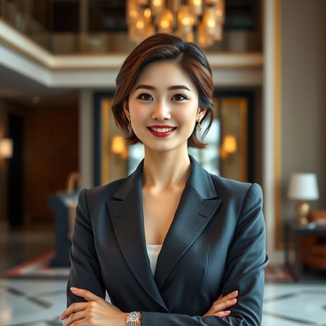 A stunning portrait of a woman resembling Moon Ga Young, dressed in a stylish, tailored business suit