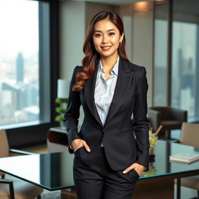 A sophisticated Korean woman dressed in a sharp, tailored business suit, exuding confidence and professionalism