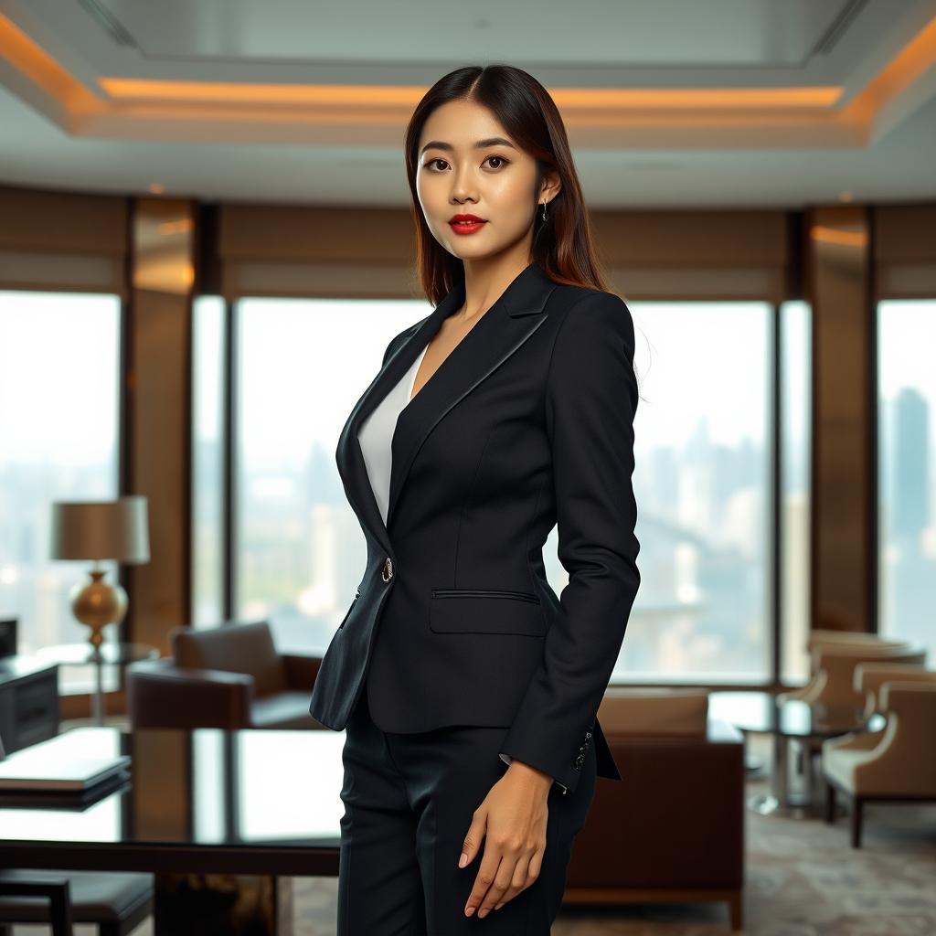 A sophisticated Korean woman dressed in a sharp, tailored business suit, exuding confidence and professionalism