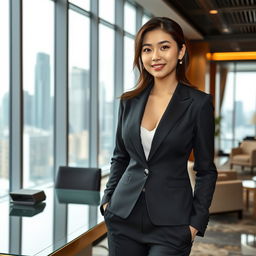A sophisticated Korean woman dressed in a sharp, tailored business suit, exuding confidence and professionalism