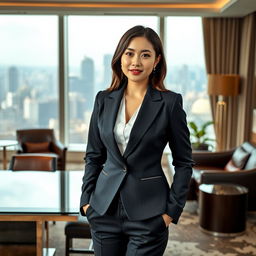 A sophisticated Korean woman dressed in a sharp, tailored business suit, exuding confidence and professionalism