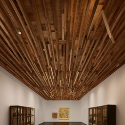 Design a studio inside an art museum filled with inspiring display objects and artifacts. The room is highlighted by a traditional wooden ceiling design, merging history and creativity in a perfect blend.