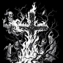 A haunting design of a burning cross depicted in stark black and white