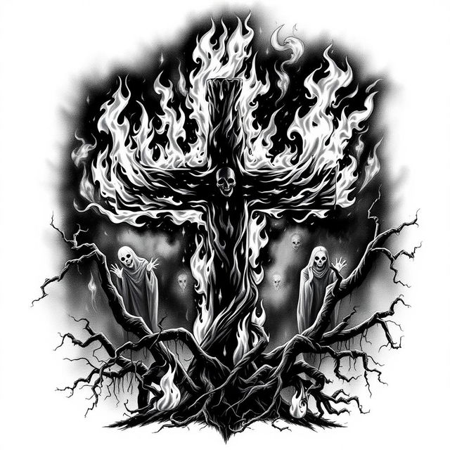 A haunting design of a burning cross depicted in stark black and white