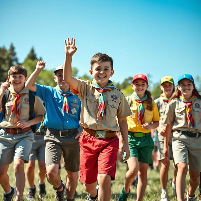 A vibrant outdoor scene featuring a group of enthusiastic scouts in their traditional scouting uniforms performing various outdoor activities