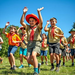 A vibrant outdoor scene featuring a group of enthusiastic scouts in their traditional scouting uniforms performing various outdoor activities