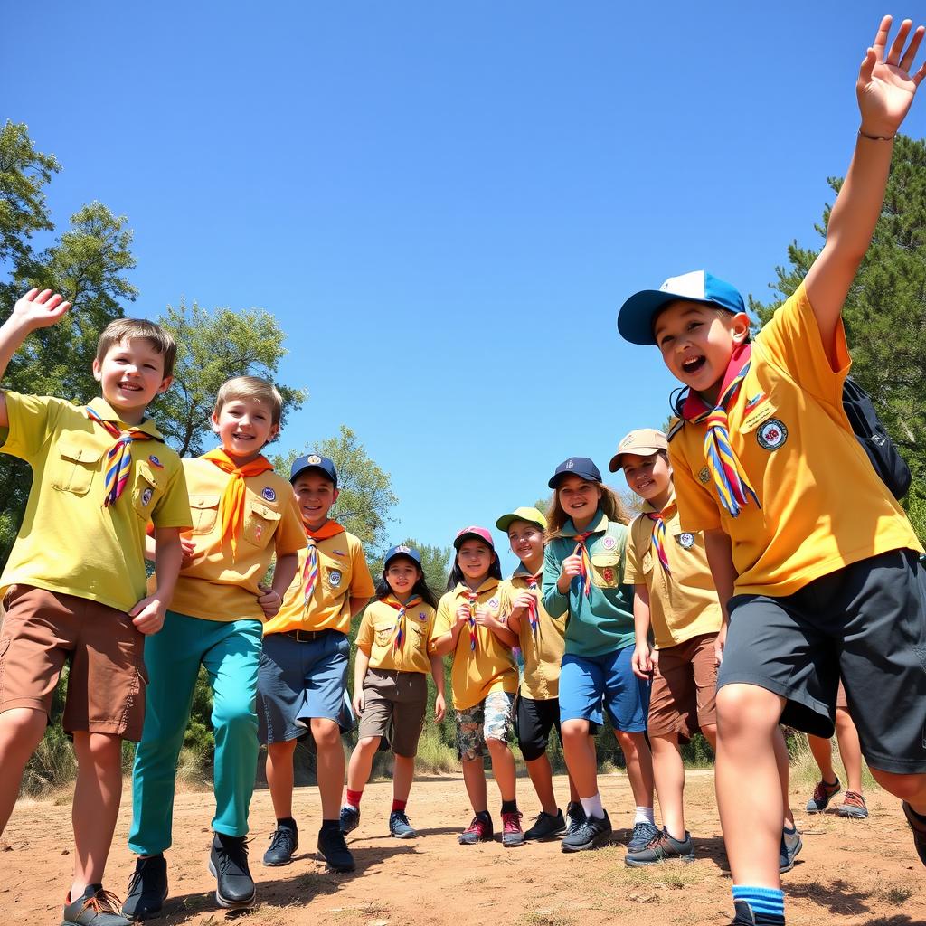 A vibrant outdoor scene featuring a group of enthusiastic scouts in their traditional scouting uniforms performing various outdoor activities