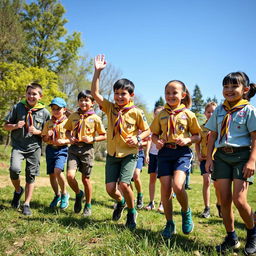A vibrant outdoor scene featuring a group of enthusiastic scouts in their traditional scouting uniforms performing various outdoor activities