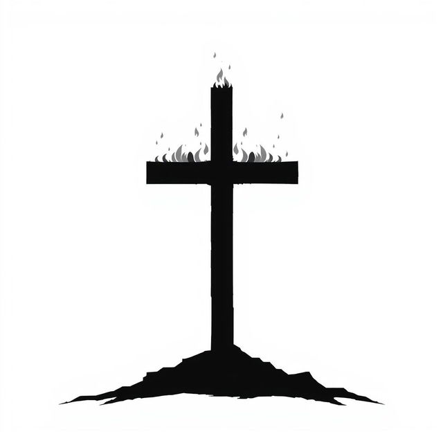 A minimalist black and white design of a burning cross, focusing on simplicity and impactful imagery