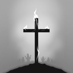 A minimalist black and white design of a burning cross, focusing on simplicity and impactful imagery