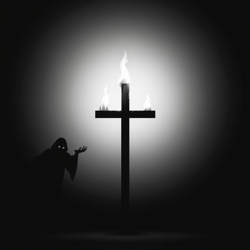 A minimalist black and white design of a burning cross, focusing on simplicity and impactful imagery