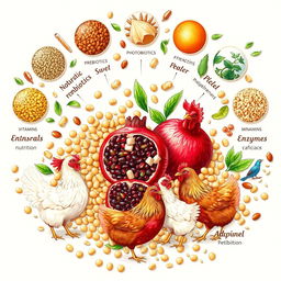 An intricate illustration of poultry pellets surrounded by diverse additives like probiotics, prebiotics, phytobiotics, symbiotics, vitamins, minerals, and enzymes