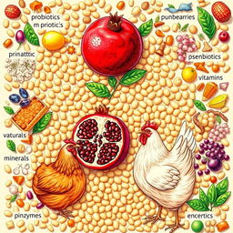 An intricate illustration of poultry pellets surrounded by diverse additives like probiotics, prebiotics, phytobiotics, symbiotics, vitamins, minerals, and enzymes